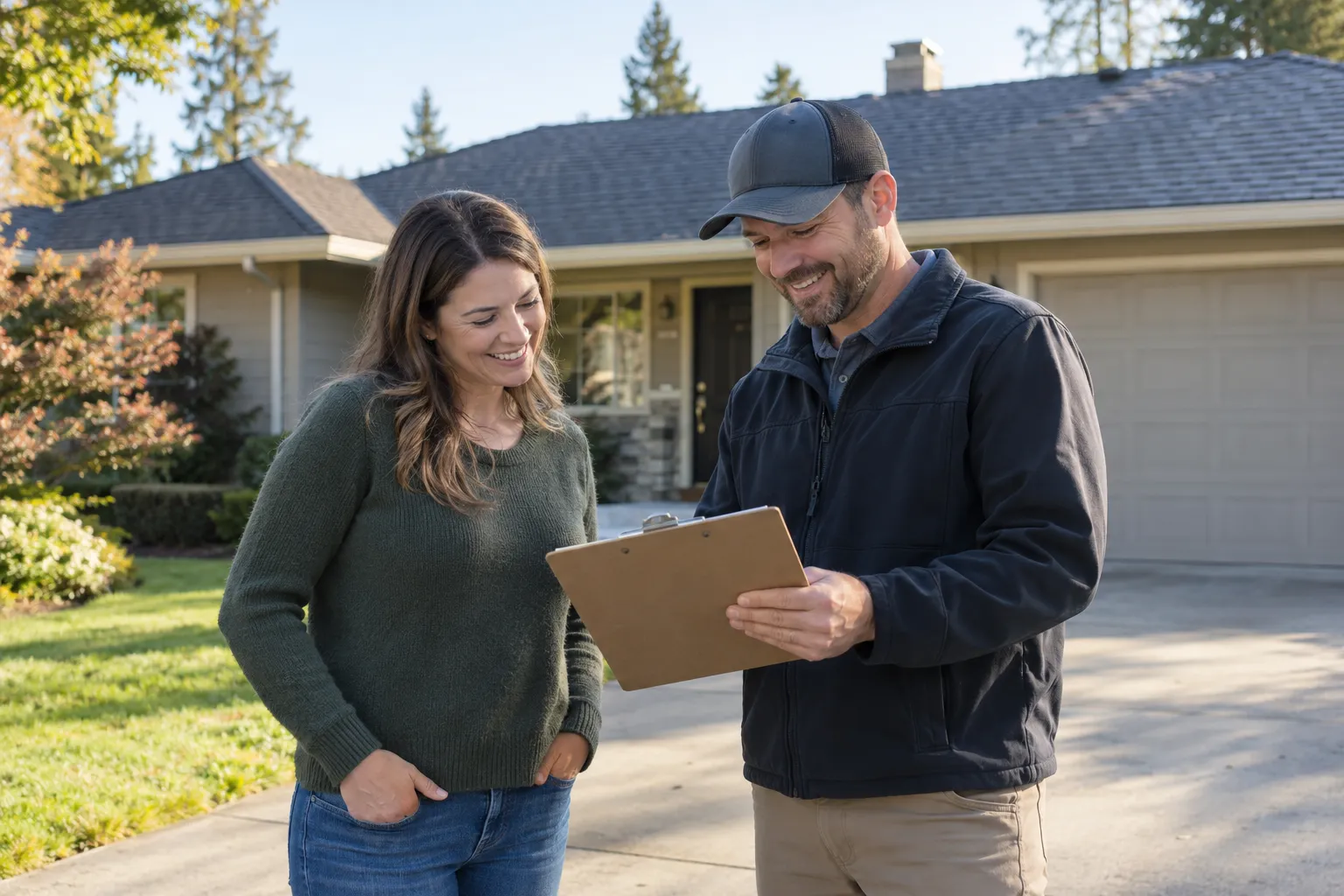A homeowner reviewing a written roof quote with a local provider