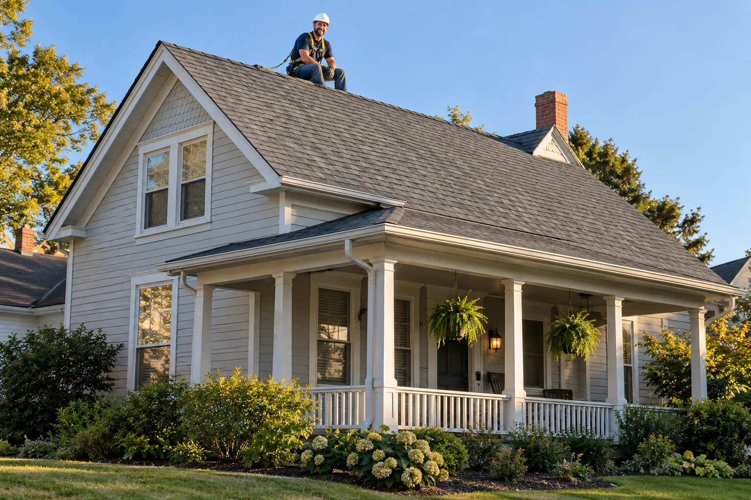 A newly finished shingle roof on a frame home in Raymore