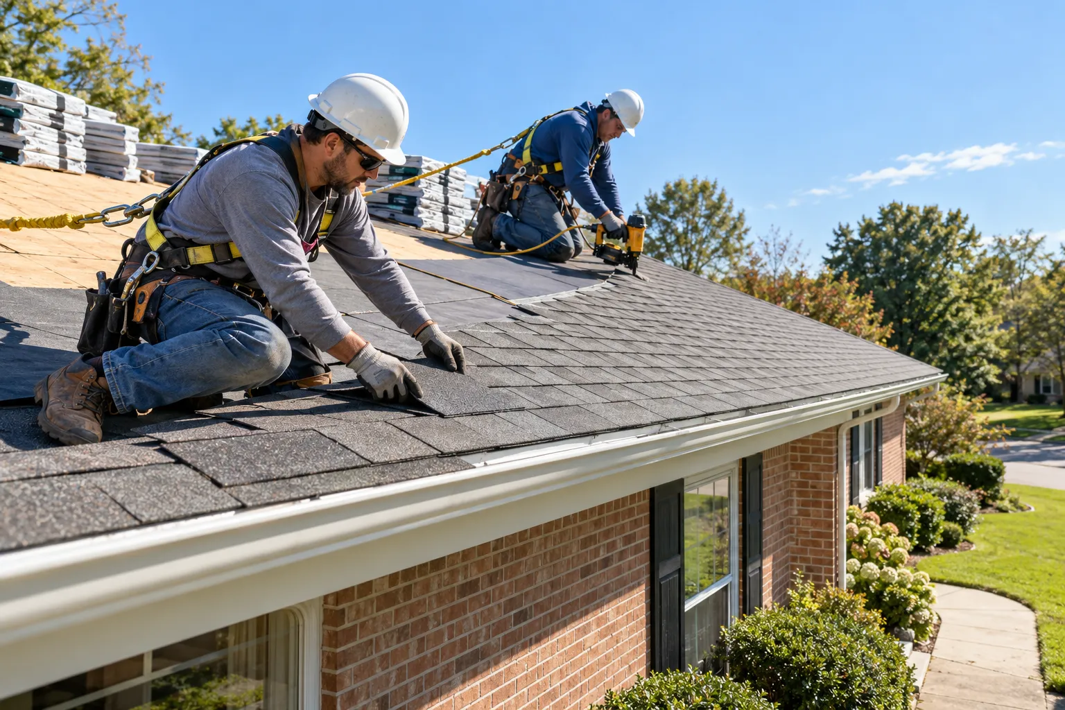 A local provider's crew installing new shingles on a home near Raymore