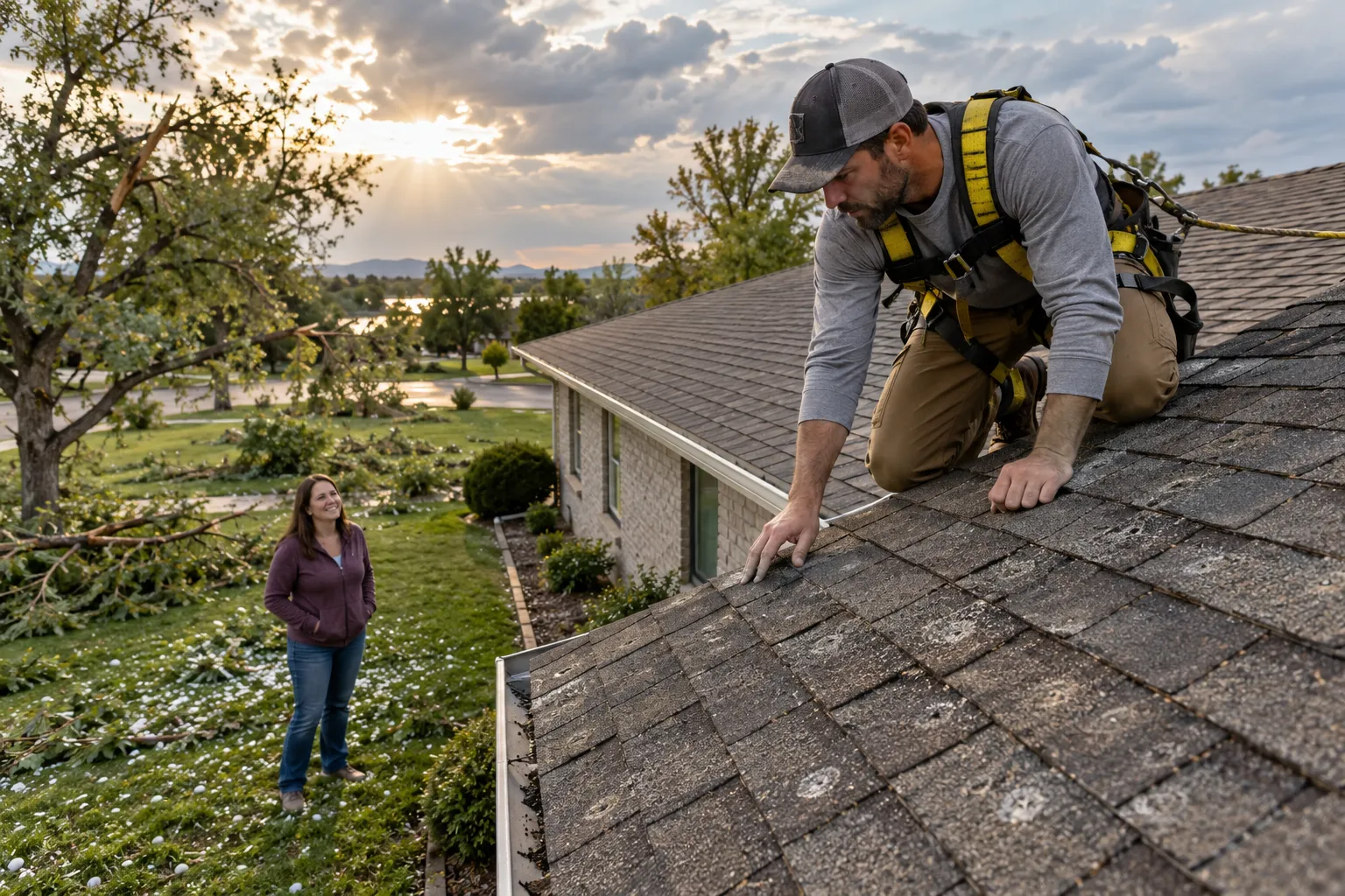 Roofing provider inspecting hail damage on a home's shingles after a storm in Raymore